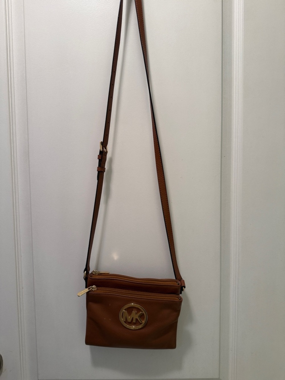 Michael Kors Tan Leather Crossbody Bag with Gold MK Logo